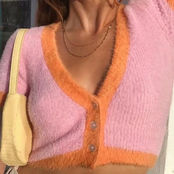 Roza brezrokavniki kawaii odrezana jopico ženske pletene odrezana seksi pulover ženske pletene puloverje seksi srčkan pulover letnik Padec