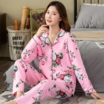 Roza cvetlični tisk domov oblačila polno čistega bombaža pajama kompleti za ženske jesen in zimo, plus velikost 4XL jopico ženske sleepwear