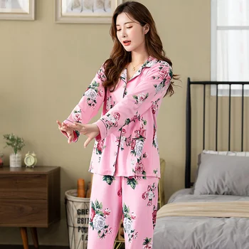 Roza cvetlični tisk domov oblačila polno čistega bombaža pajama kompleti za ženske jesen in zimo, plus velikost 4XL jopico ženske sleepwear