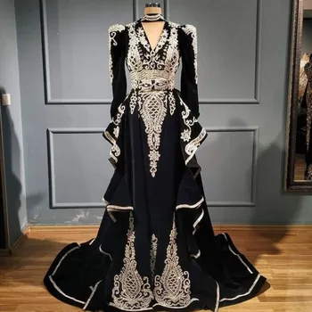 Savdska Arabija Črnega Linijo Večernih Oblek Dubaj Dolge Rokave Čipke Appliques Prom Obleke Haljo De Soiree Ženske Formalno Obrabe Vestidos