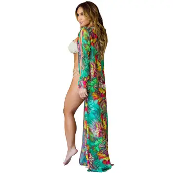 Seksi Šifon Dolgo Puff Rokav Tunika Plaži Bluzo Cvjetnim Tiskanja Plus Velikost Boho Etnične Vrh Ženske Poletje Kimono Majice