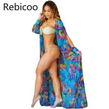 Seksi Šifon Dolgo Puff Rokav Tunika Plaži Bluzo Cvjetnim Tiskanja Plus Velikost Boho Etnične Vrh Ženske Poletje Kimono Majice