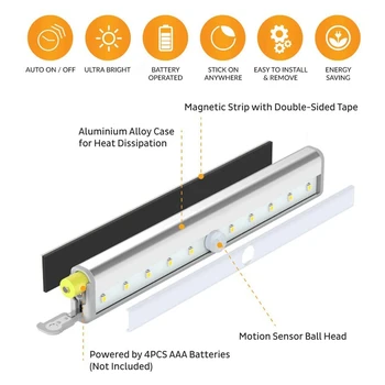 Senzor gibanja, Lahka, 10 LED Baterije Brezžični Magnetni Upravlja Luči Pod Kabinet Razsvetljava za Števec, Stopnišče,5 Pack