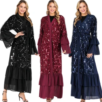 Sequnisn Muslimanskih Abaya Stranka Večer Luksuzni Ženske Odprite Kimono Jopico Flare Rokav Arabski Jilbab Dubaj Bližnjem Vzhodu Mozaik Robe