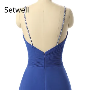 Setwell 2017 Seksi Split Špageti Backless Večerne Obleke Elegantno Kraljevsko Modra Večerne Visoke Kakovosti Šifon Obleko Večer
