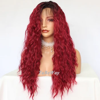 TaBeWay Long Curly Lace Front Wigs Red Color Wig Heat Resistant Glueless Loose Curls Synthetic Lace Front Wigs for Fashion Women