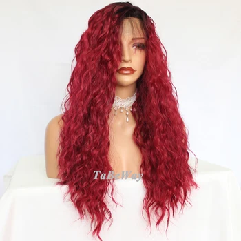 TaBeWay Long Curly Lace Front Wigs Red Color Wig Heat Resistant Glueless Loose Curls Synthetic Lace Front Wigs for Fashion Women