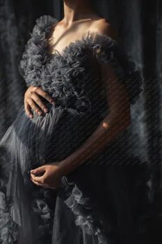 Temno Siva Zabuhle Til Nosečnosti Obleke Cao Rokavi V Vratu Teired Z Rakete, Ženske Photoshoot Porodniškega Halje Plus Velikost