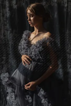 Temno Siva Zabuhle Til Nosečnosti Obleke Cao Rokavi V Vratu Teired Z Rakete, Ženske Photoshoot Porodniškega Halje Plus Velikost