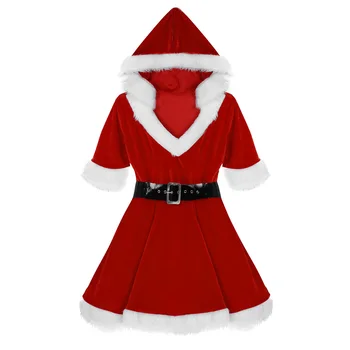 TiaoBug Žensk Rdeče Mah Hooded Tutu Obleko Gospa Claus Božični Kostum za Žensko Modno Cosplay Stranka Seksi Kostumi z Obleko Pasu