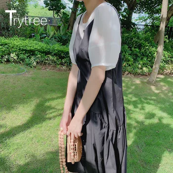 Trytree 2020 Poletje Ženske Dva Kosa iz Priložnostne O-vratu Trdna Svoboden Vrh + Zanko Obleko Gube A-linijo Modnih Mid-Tele 2 Delni Set