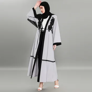 Turške Obleke Vezenje Jopico Dubaj Siva Abaya Kimono Muslimanskih Dolge Obleke Maxi Plus Velikost Outwear s Pasom 1584