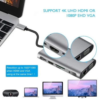 USB Tip-C Multi-USB Prenosnik HUB 10 v 1 Splitter HDMI VGA priključek RJ45 SD TF PD Adapter za Notebook Pametni Širitev Pretvornik