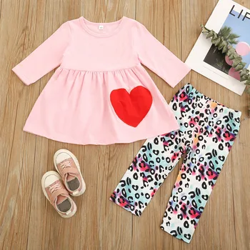 Valentinovo Malčke Baby Girl Obleke z Dolgimi Rokavi Srce, ki Tiskanja Obleko+Hlače Nastavite Otroci Oblačila 12M-5Y roupa infantil menina