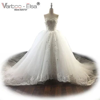 VARBOO_ELSA Romantično, Elegantno Dolgo Poročno Obleko Bele Čipke Beaded Sequined Poročne obleke Dolgo Vlak po Meri, Velik Lok Poročni Obleki