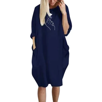 VICABO Ženska Obleka Kot-srce Tiskanih Žep Roza Haljo Ženskih O-vratu Dolgimi Rokavi TShirt Obleko Jeseni Plus Velikost Obleke