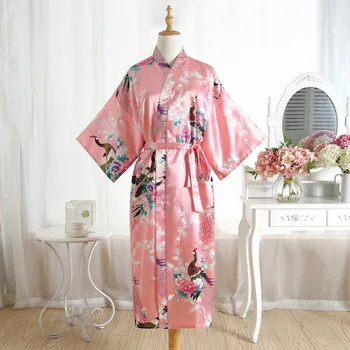 Vintage Roza Žensk Dolgo Satenast Kimono Plašč Obleke Družico Poroko Seksi Nightgown Novost, Tiskanje Kopel Sleepwear Plus Velikost