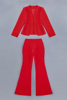 Visoka Kakovost Slaven Bodycon Jumpsuits Nizko naročju Moda Elegantno Nočni Klub Gumb Dolg Rokav Red Party Obleke Jumpsuits