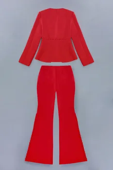 Visoka Kakovost Slaven Bodycon Jumpsuits Nizko naročju Moda Elegantno Nočni Klub Gumb Dolg Rokav Red Party Obleke Jumpsuits