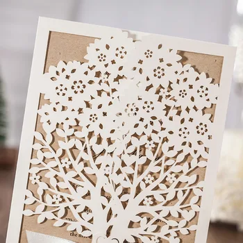 WISHMADE Navpično Poročna Vabila Kartice z Elegantno Belo Lasersko izrezani Drevo Design , 1 Kos Vzorec Kartico CW6176