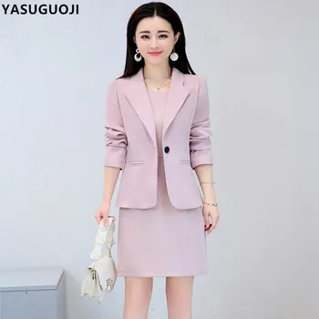 YASUGUOJI nove jesensko urad dama barva slim ženska obleka obleke en gumb jopič z koleno-dolžina obleko obleko ženske LXF6
