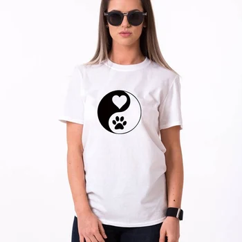 Yin Yang Ljubezen Šapa ženska majica Bombaž Grafični Tees Mačka Zbirka New York, Darilne Majice, Smešne Luštna Mačka AllDayUS bombaž vrhovi
