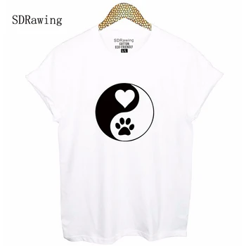 Yin Yang Ljubezen Šapa ženska majica Bombaž Grafični Tees Mačka Zbirka New York, Darilne Majice, Smešne Luštna Mačka AllDayUS bombaž vrhovi