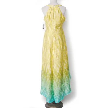 YUNINYOYO Kul rumena zelena gradient tiskanje kratkih spredaj nazaj dolgo teče O-vratu ekstra dolga obleka ženske obleke
