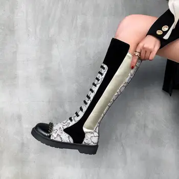 ZETMTC Znamko čevlji ženska kolena visoki škornji čipke-up modni čevlji 2020 ženske čevlje Zahodni Krog Toe Ravno z Zimo, dolgo čevlji