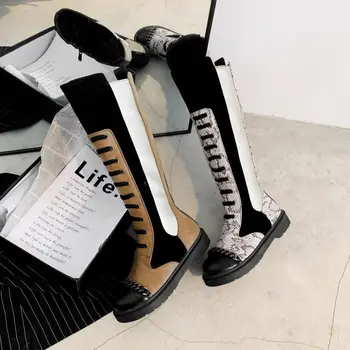 ZETMTC Znamko čevlji ženska kolena visoki škornji čipke-up modni čevlji 2020 ženske čevlje Zahodni Krog Toe Ravno z Zimo, dolgo čevlji