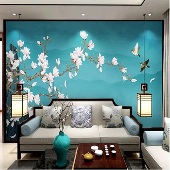 Zidana Ozadje 3d Novi Kitajski Slog Ročno Poslikane Magnolija Cvet In Ptic Ozadje Doma Dekoracijo