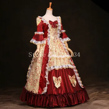 Čisto Nov Rdeče In Rumene Tiskane Čipke Marie Antoinette Halloween Kostumi Renaissance Rokoko, Obdobje Halje Za Ženske Po Meri
