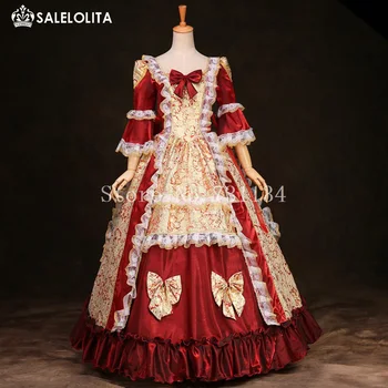 Čisto Nov Rdeče In Rumene Tiskane Čipke Marie Antoinette Halloween Kostumi Renaissance Rokoko, Obdobje Halje Za Ženske Po Meri