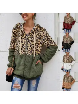 Ženske, Fuzzy Plišastih Hoodie Suknjič Leopard Mozaik Majica Zip Gor Outwear Plašč