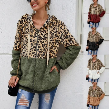 Ženske, Fuzzy Plišastih Hoodie Suknjič Leopard Mozaik Majica Zip Gor Outwear Plašč