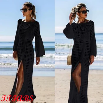 Ženske Pletene bell sleeve Solid O-vratu Votlih Iz Plaži Dolgo Obleko Maxi Strani Split Obleke