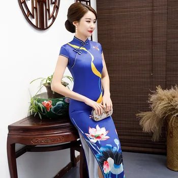 Ženske Ročno Gumb Lotus Prined Saten Qipao Elegantno Orientale Banket Kitajski Mandarin Ovratnik Cheongsam Oversize 4XL
