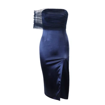 Ženske Stranka Obleko 2021 Moda FemaleMesh Svile Mozaik Brez Naramnic Split Poletje Elegantno Koleno Dolžina Slim Vintage Obleko